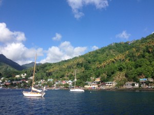 Soufrière, St. Lucia, with sv Dahnu in foreground.